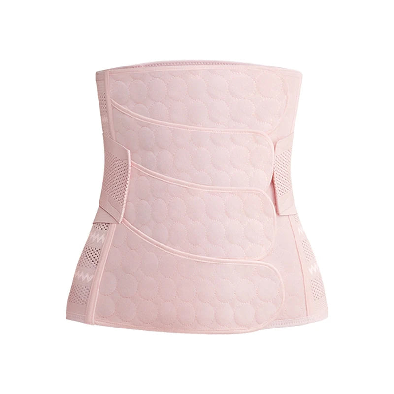 GentleSprout postpartum belly wrap in pink, front view showing adjustable hook-and-loop straps and breathable mesh side panels