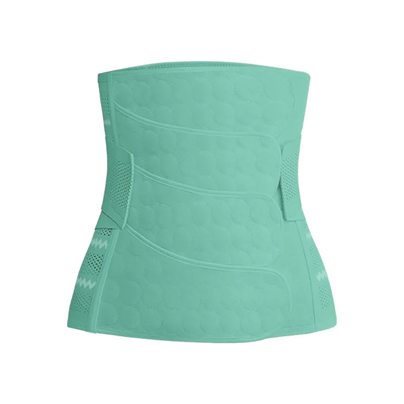 GentleSprout postpartum belly wrap in green, front view showing adjustable hook-and-loop straps and breathable mesh side panels
